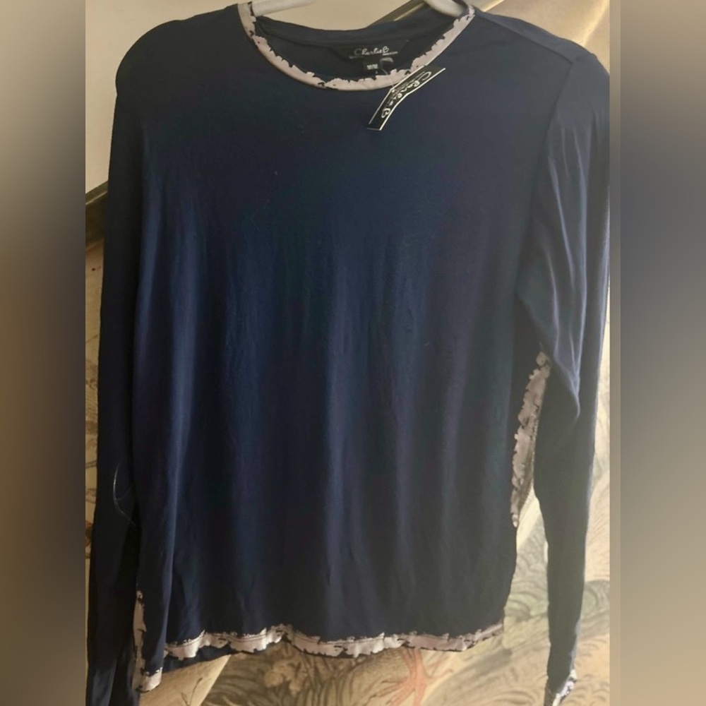 * Charlie B Navy Blue Gold Accents Long Sleeve Top SZ Medium *